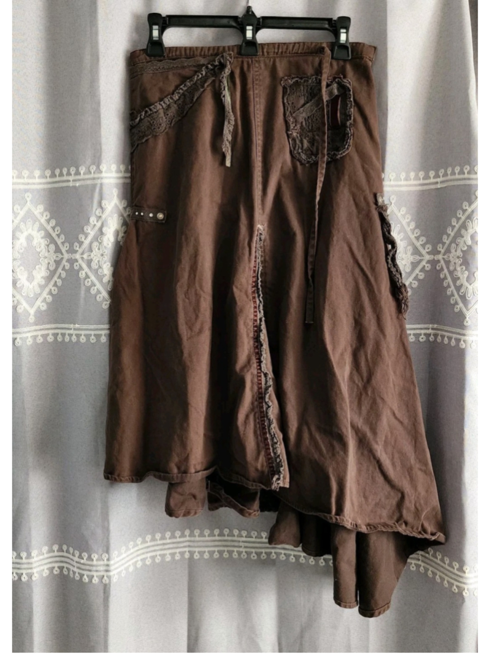 Spirit Vintage Y2K Brown Whimsigoth Fairy Grunge Asymmetric Patchwork Midi Skirt - Picture 4 of 16